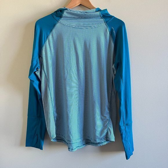 Brooks Dash Running Hoodie‎ Top Athletic Women's Size M Striped Teal Thumhole - Picture 1 of 7